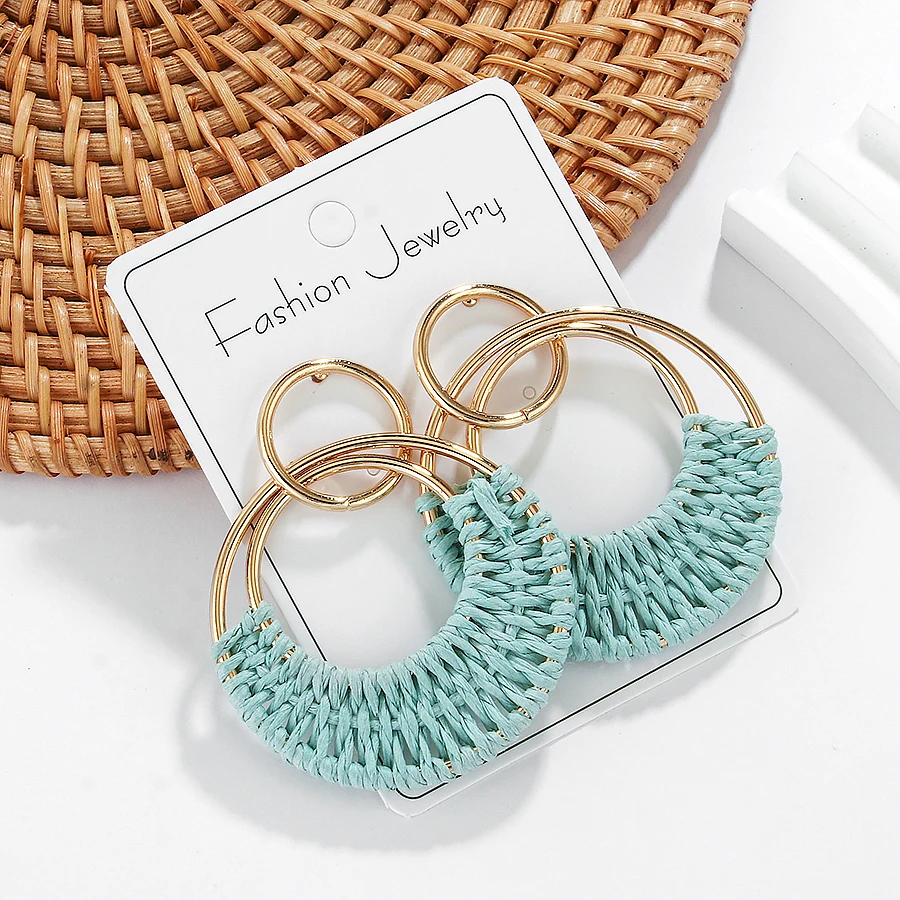 Handmade Geometric Raffia Earrings Bohemia Colorful Flower Round Drop Earring Rattan Knit Hanging Earring for Women Beach Summer