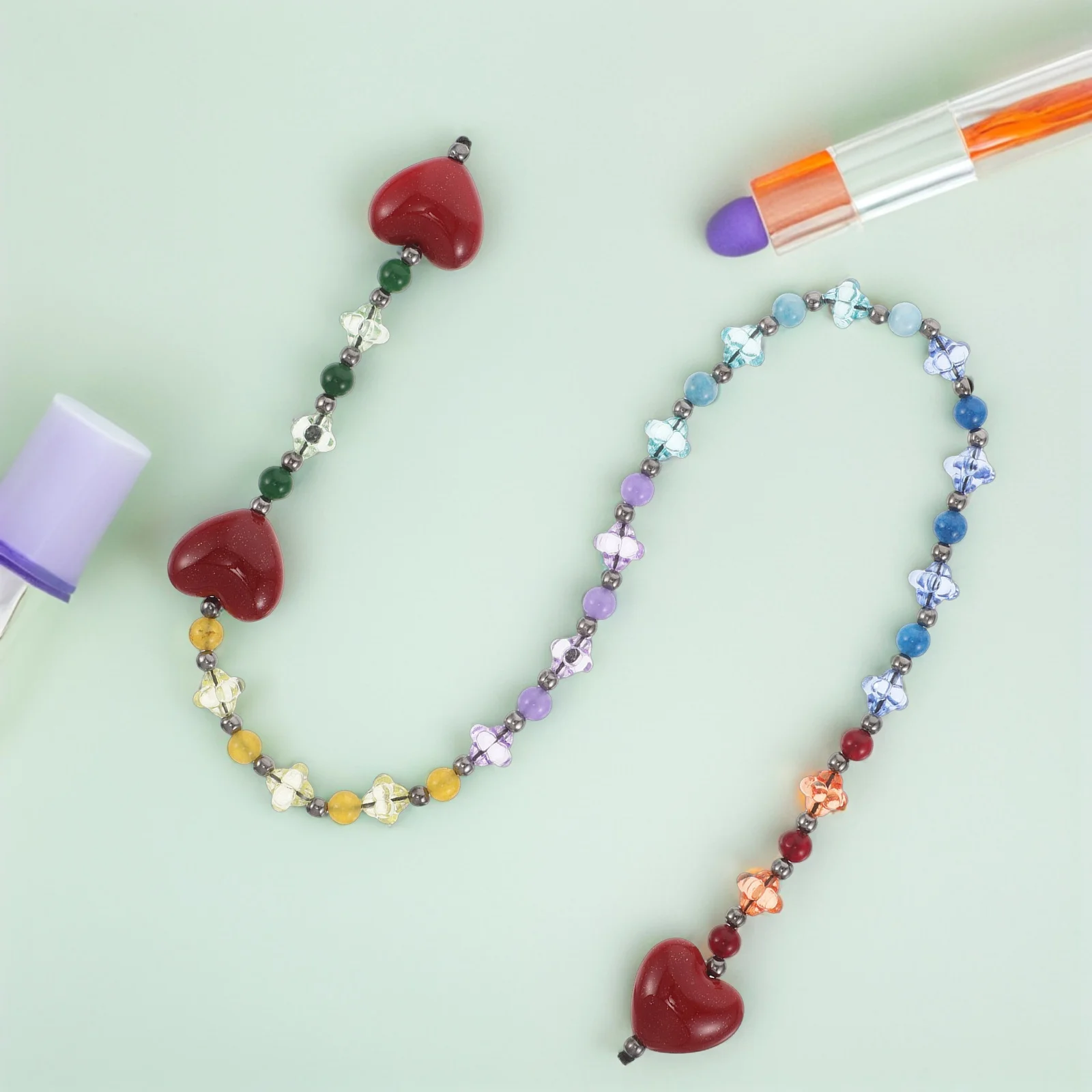 

Heart Shaped Rainbow Beaded Keychain Cute Bag Decoration Accessories Keychain Bead Purse