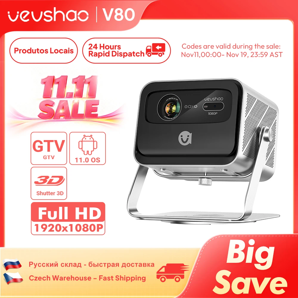 VEVSHAO V80 4Kโปรเจคเตอร์Full HD1080P 2200 Anis Lumens Android 11.0 WiFi 6 วิดีโอโฮมเธียเตอร์โปรเจคเตอร์พร้อมขาตั้งฐาน