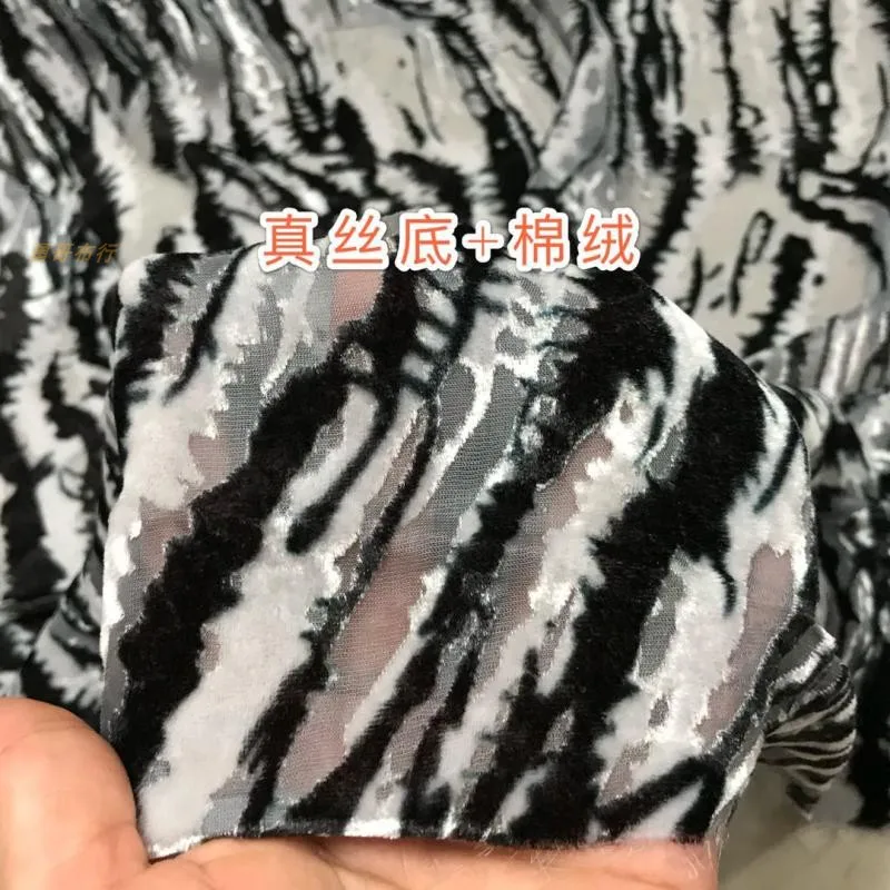 

Black and White Striped Real Velvet Fabric Bottom Cotton Light See-through Gold Etched-out Clothing Cloth