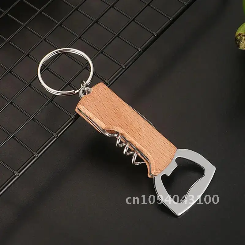 

10Pcs Keychain Beer Bottle Opener Stainless Handle Multifunctional Wooden Opener Corkscrew Bar Party Steel Wine Accessories