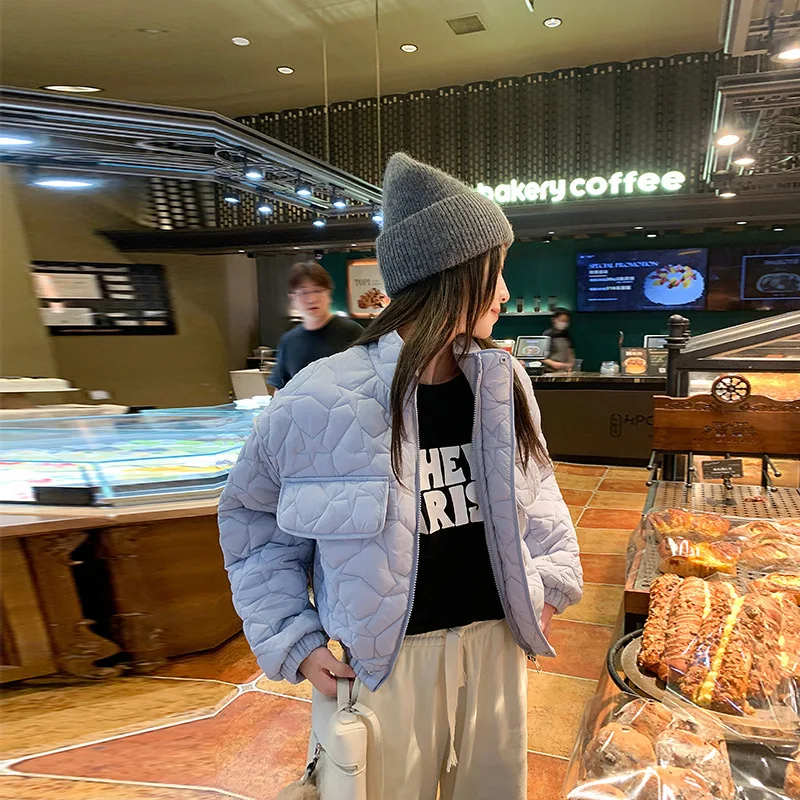 Design Drawstring Waist-Fitted Short Cotton Jacket Loose High-Neck Long-Sleeve Outerwear for Women Autumn Winter Quilted Jacket