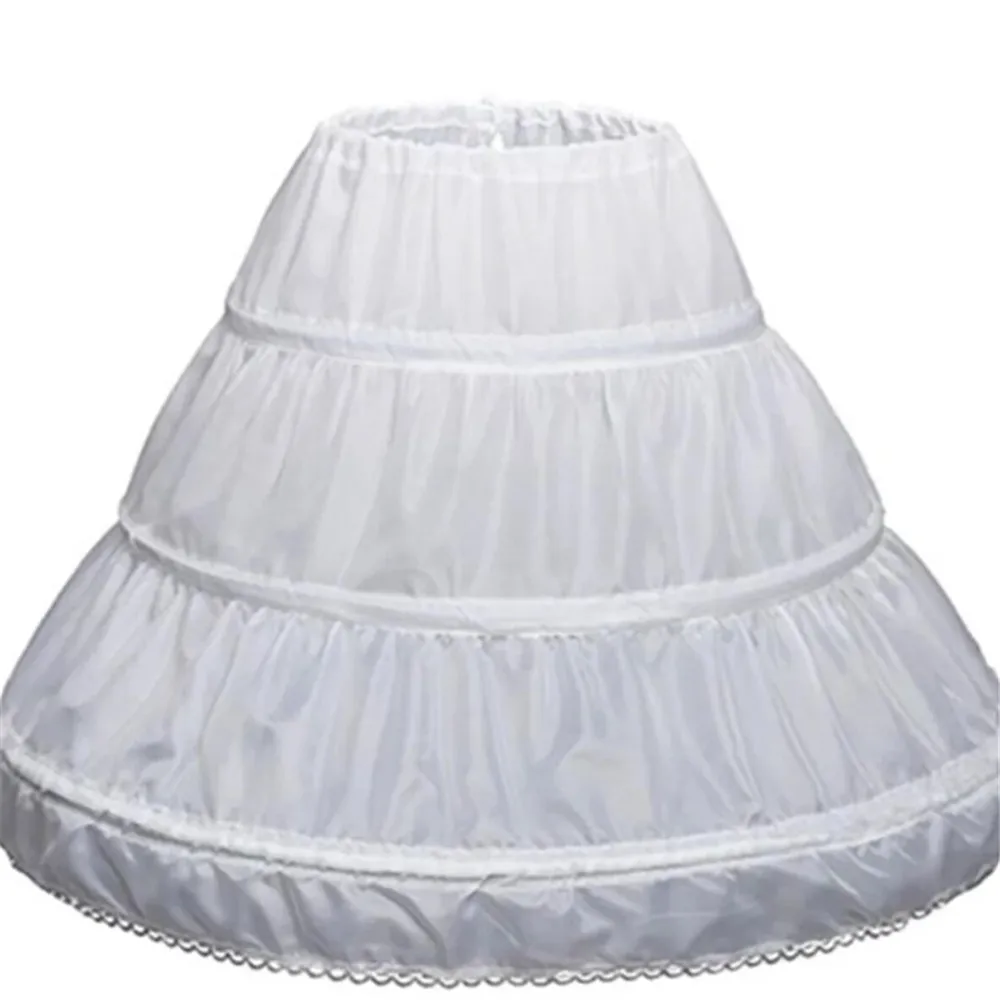 White Child Petticoat A-Line 3 Hoops One Layer Kids Crinoline Lace Trim Flower Girl Dress Underskirt Elastic Waist for Children