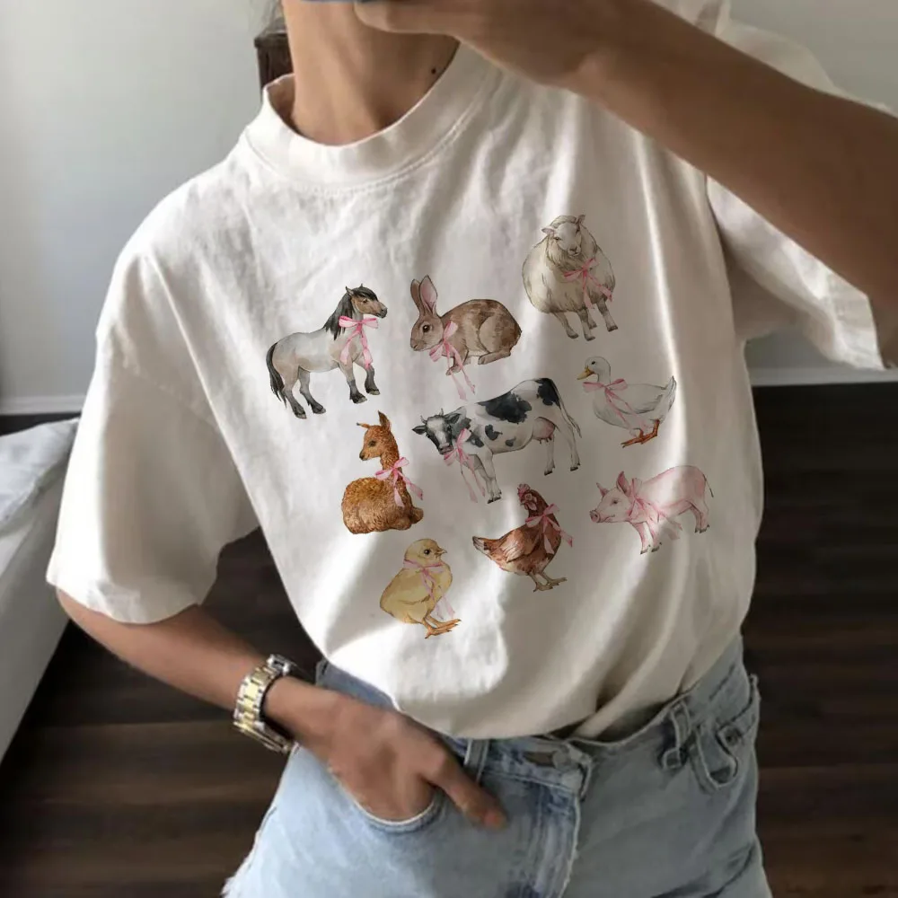 Farm Animals Printed Top Cartoon Print Summer Fashionable Women's T-Shirt Pattern Print O-Neck Fun Casual Trend Street T-Shirt