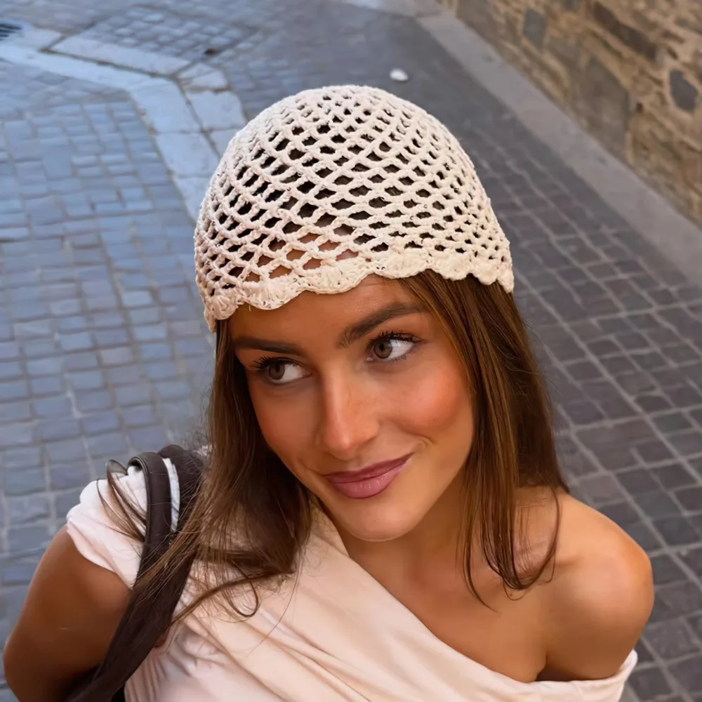 Fashion Hollow Weave Knitted Hat Openwork Breathable Mesh Hat Solid Color Pullover Hat Women