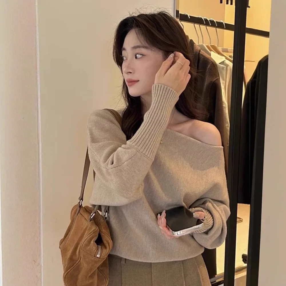 

Women's Sweater Autumn Winter Khaki Sweater Stylish Pure Desire Style Off Shoulder Knit Top Premium Lazy Inner Wear