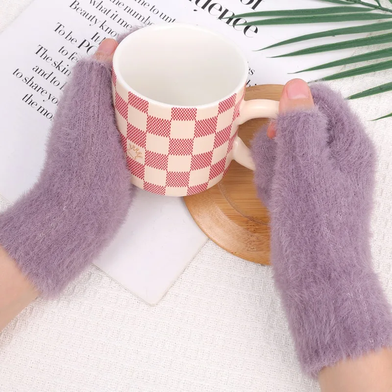 Imitation Mink Hair Fingerless Gloves Soft Fleece Plush Knitted Winter Gloves Convenient Outdoor Chill-proof Gloves for Women