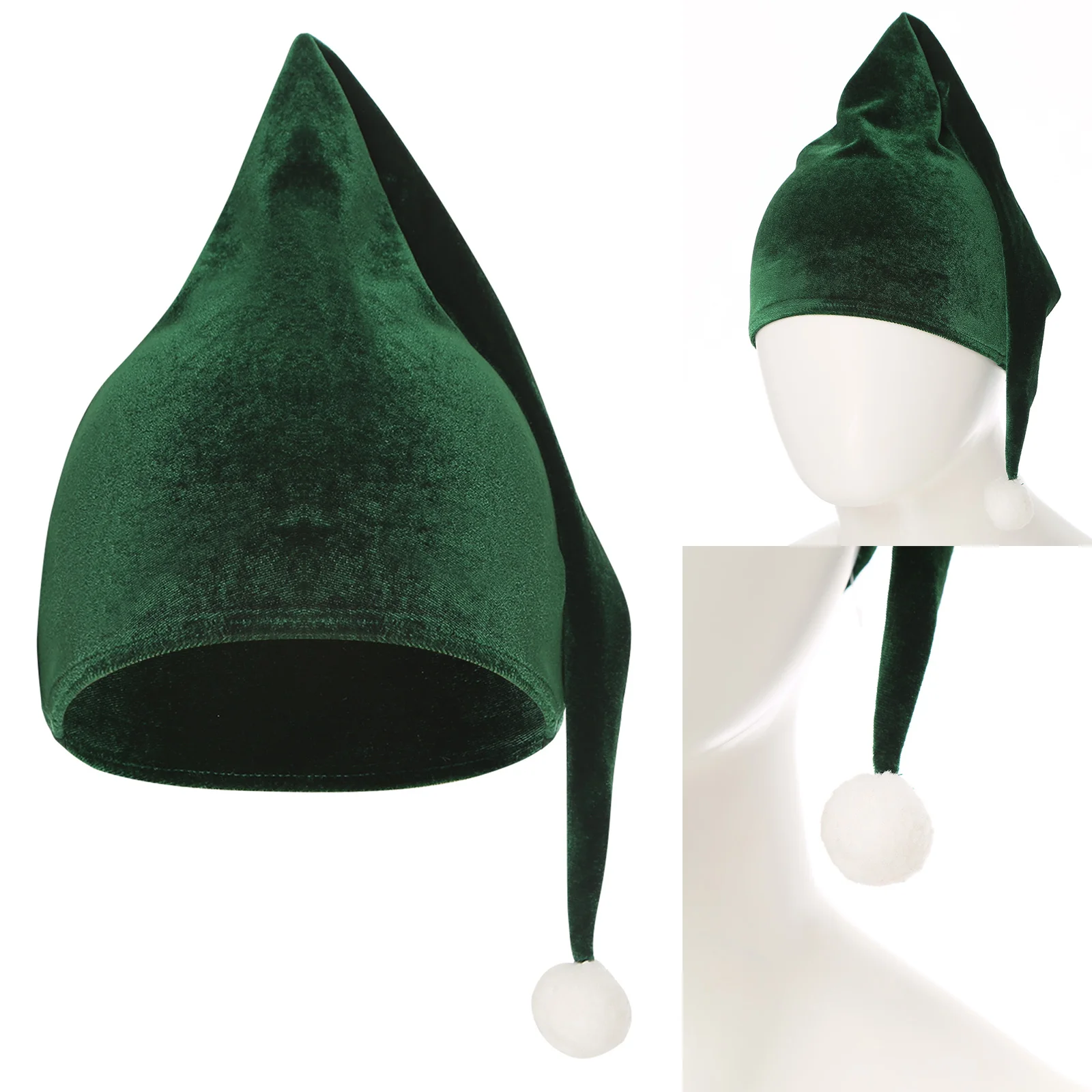 Women Christmas Fairy Elf Hat Headwear Green Velvet Hat White Pompom Long Hat for Xmas Party Dress Up Costumes Accessory