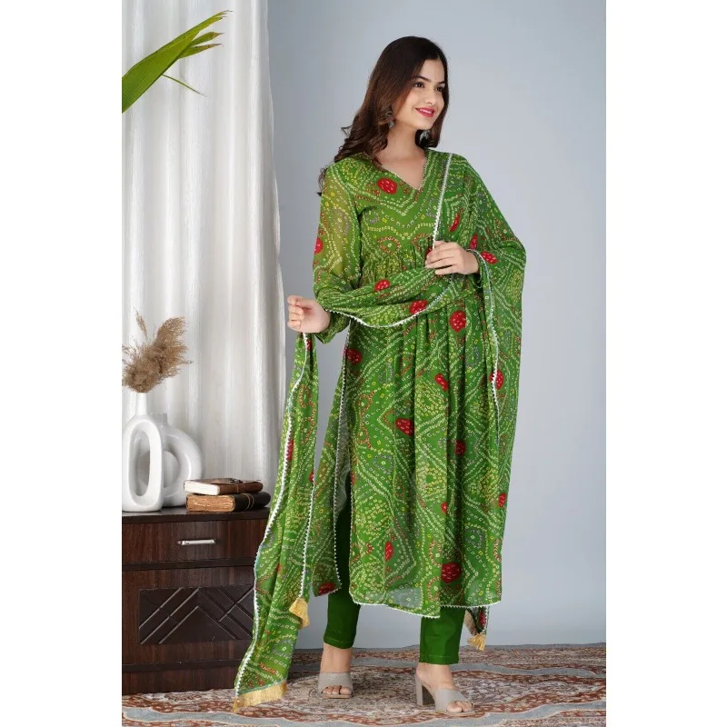 New Arrival Jaipuri Bandhni Print Green Color Straight Salwar Suit Kurti Dress