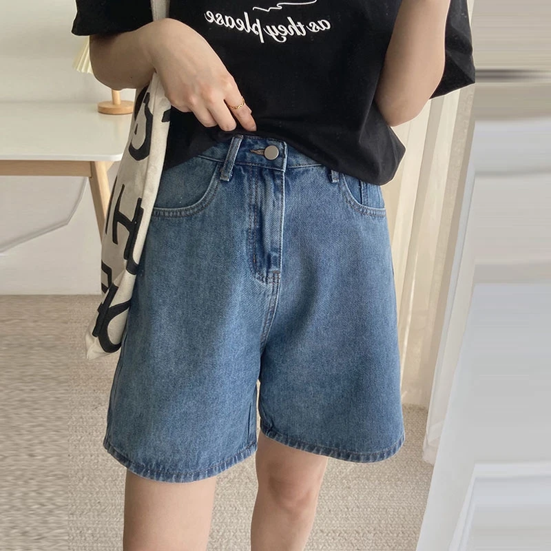 2024 Klassieke Denim Shorts Vrouwen Zomer Blauwe Hoge Taille Shorts Casual Wijde Pijpen Broek Stright Jeans Dames Shorts