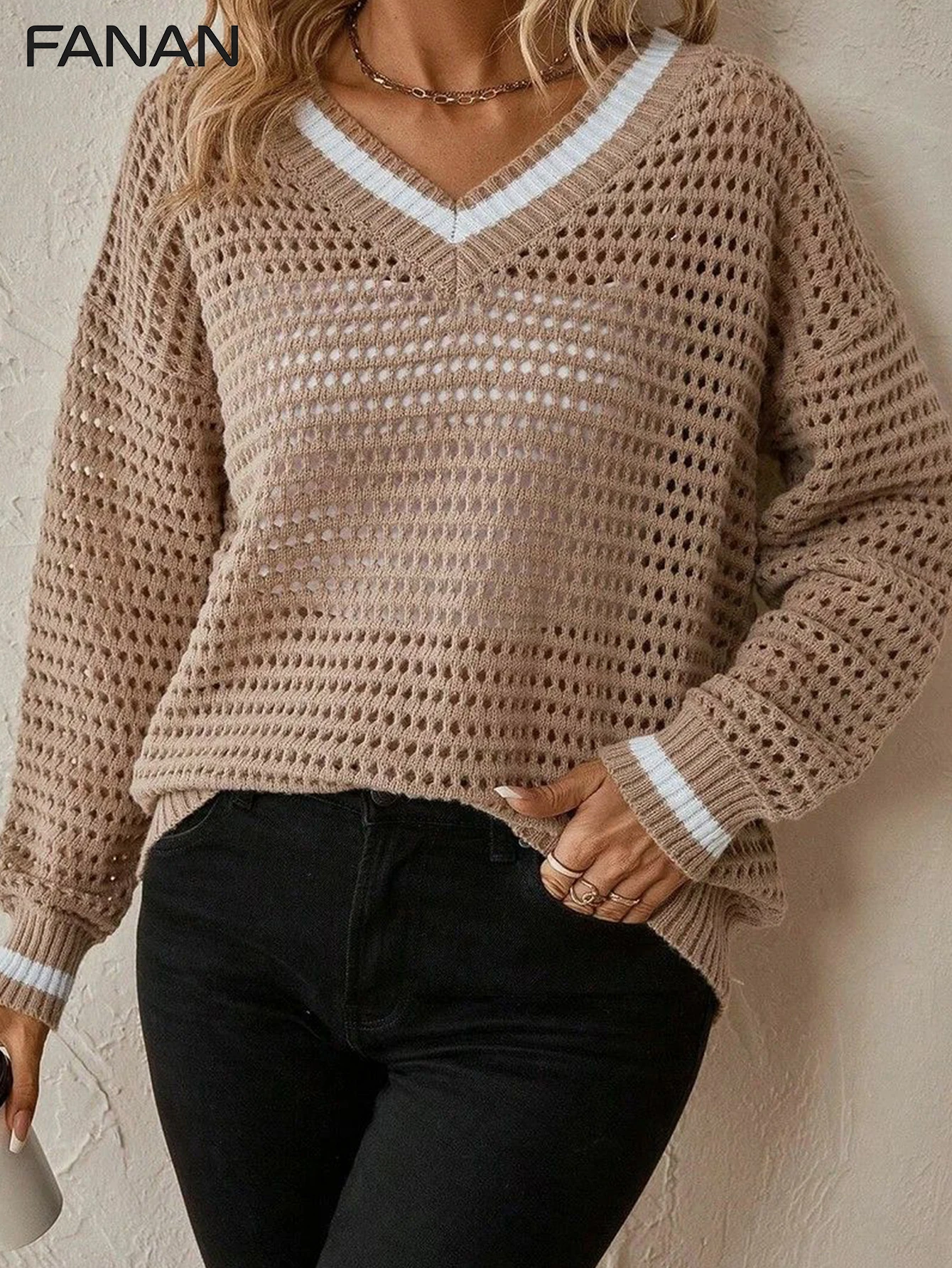 

New Autumn/Spring/Summer Women's Cardigan Sweater Pullover, Khaki Fitted V-Neck Knit Top, Casual yet Elegant, Versatile for Both