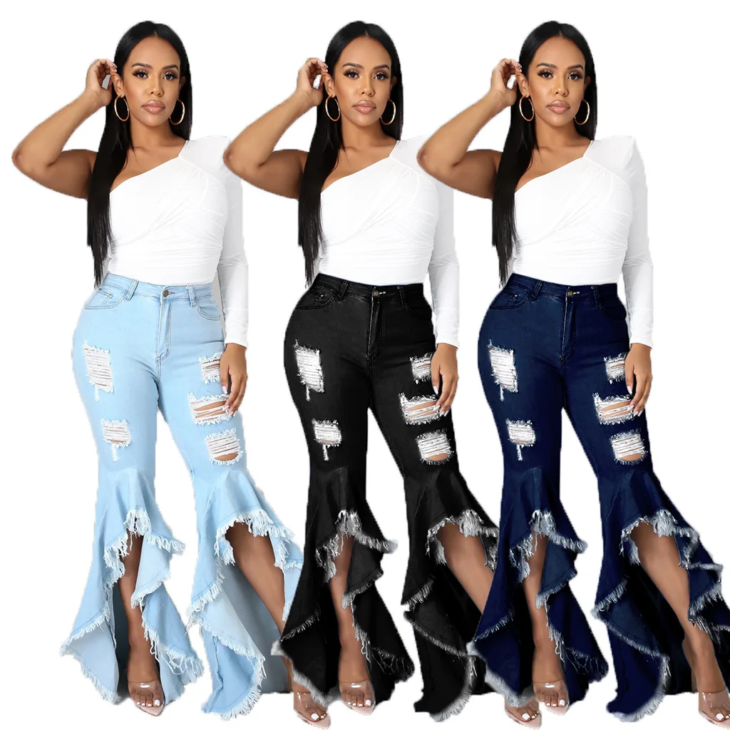 

Jeans Women Flare Pants Denim Long Pant Casual Sexy Solid Hole Elegant Splice Slim Fit High Waist Hip Wrap Trousers Summer