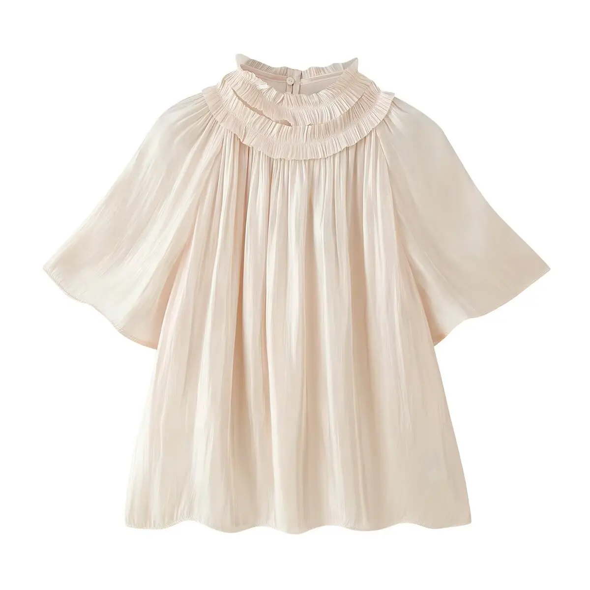 DUOPERI Women Solid Double‑Layer Ruffled Mock Neck Blouse Flare Mid‑Sleeve Top Female Chic Lady Sweet Casual Shirt - view 4