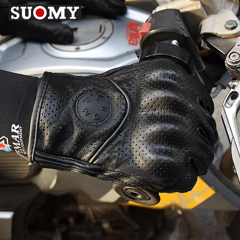 SUOMY Men's Retro Perforated Goat Leather Motorcycle Gloves Classic Black Scooter Riding Motorbike Cycling Glove Accessories