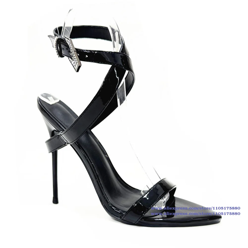 

Black Patent Leather Stiletto Heels Sandals Sexy Pointy Toe High Heels Designer Dress Party Shoes Sandalias De Mujer Verano