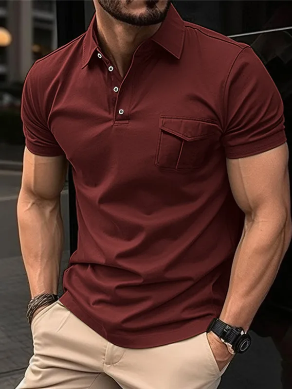 

Summer ort Sve irt Men's Spor Pure Color Button-Up Collar Casual Top with Chest ket Breathable Youth Faion