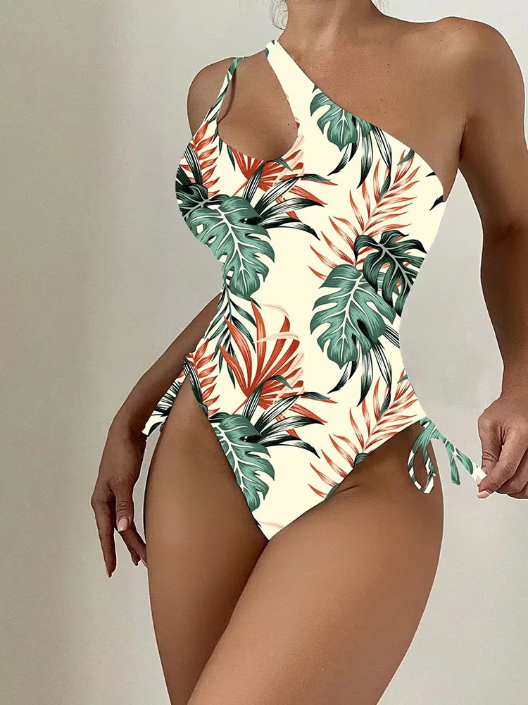 One Shoulder Cut Out Swimwear 2024 Women One Piece Swimsuit Black And White Stripes Print Bathing Suit Beach Bodysuit Monokini