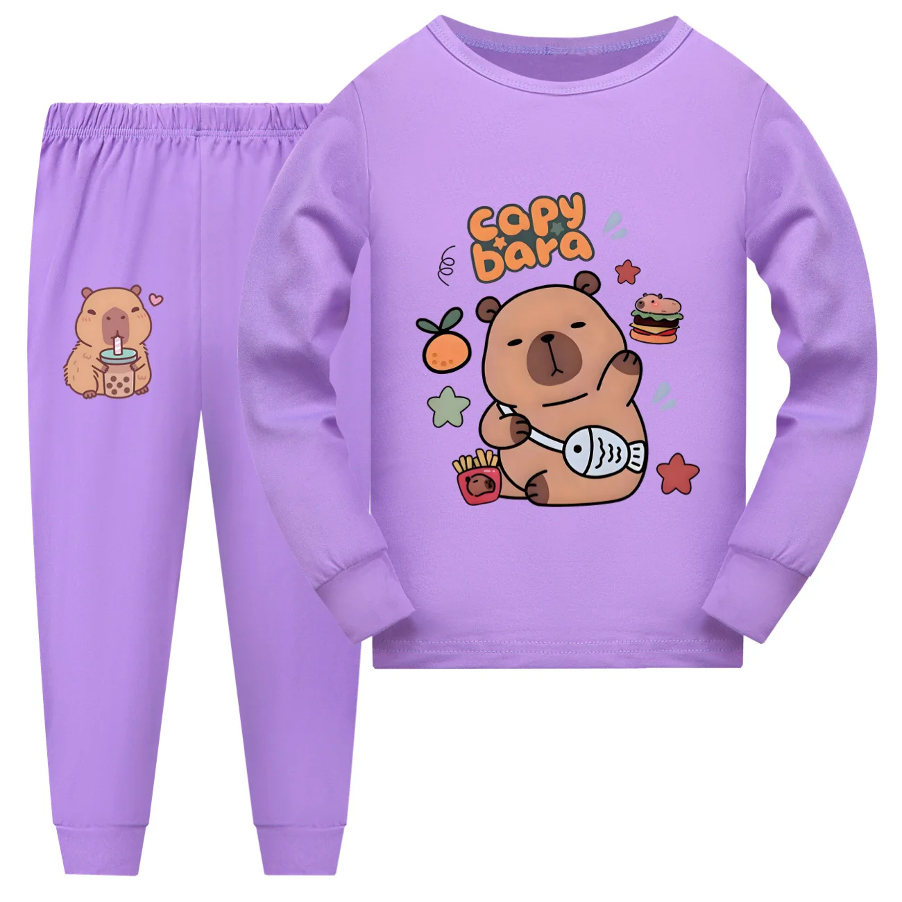 Hot Capybara Pajamas Set for Kids Soft Long Sleeve Top Pants 2pcs Suit Girls Capibara Clothes Sets Children Round Neck Sleepwear