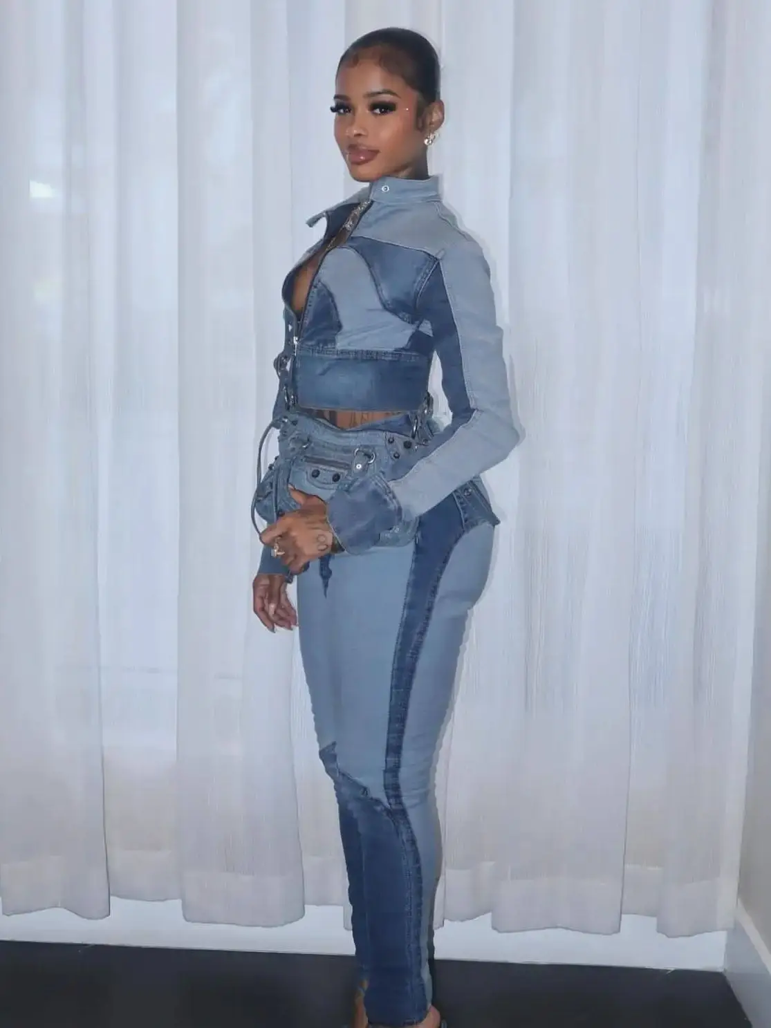 Cutenew Damen Denim Zip 2-teiliges Set Trainingsanzug Knopf Patchwork Vollarm Crop Coat + Skinny Stifte Casuals Trend Streetwear