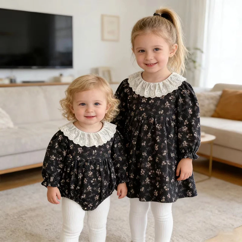 2026 New Spring Sister Dress Long Sleeved Cotton Kids Dress 0-24M Baby Printed Splicing Romper 2-6Yrs Girl Party Princess Dress