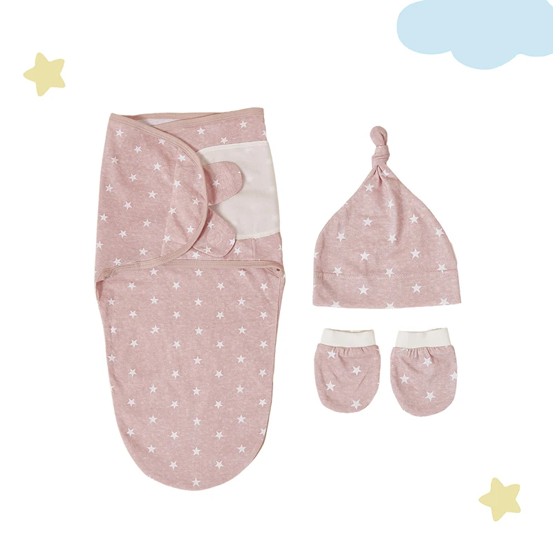 Newborn Swaddle Baby Blanket Hat Set Cartoon Printed Cotton Newborn Swaddle Adjustable Infant Sleeping Swaddle 0-6 Months