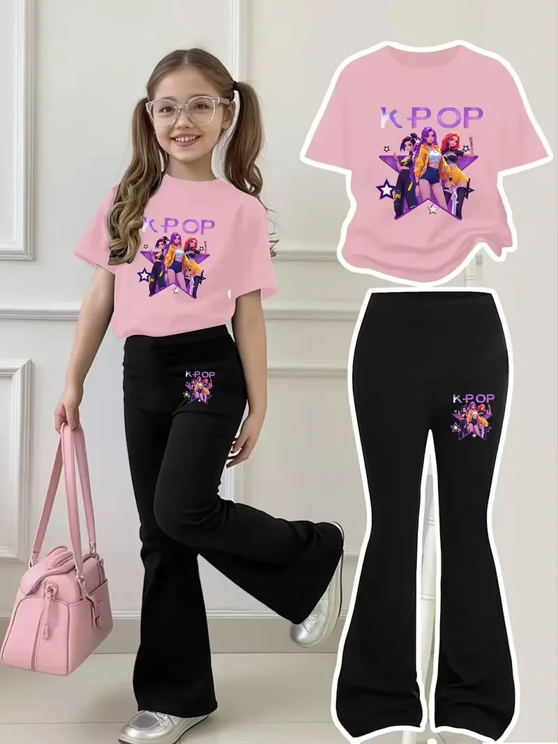 Cool Black and Pink Outfit for Girls Aged 4-12: Short-Sleeved T-Shirt and Flared Pants! Pink T-Shirt with a Vibrant Girl Group Illustration—3 Stylish Girls on a Starry Background, Purple 