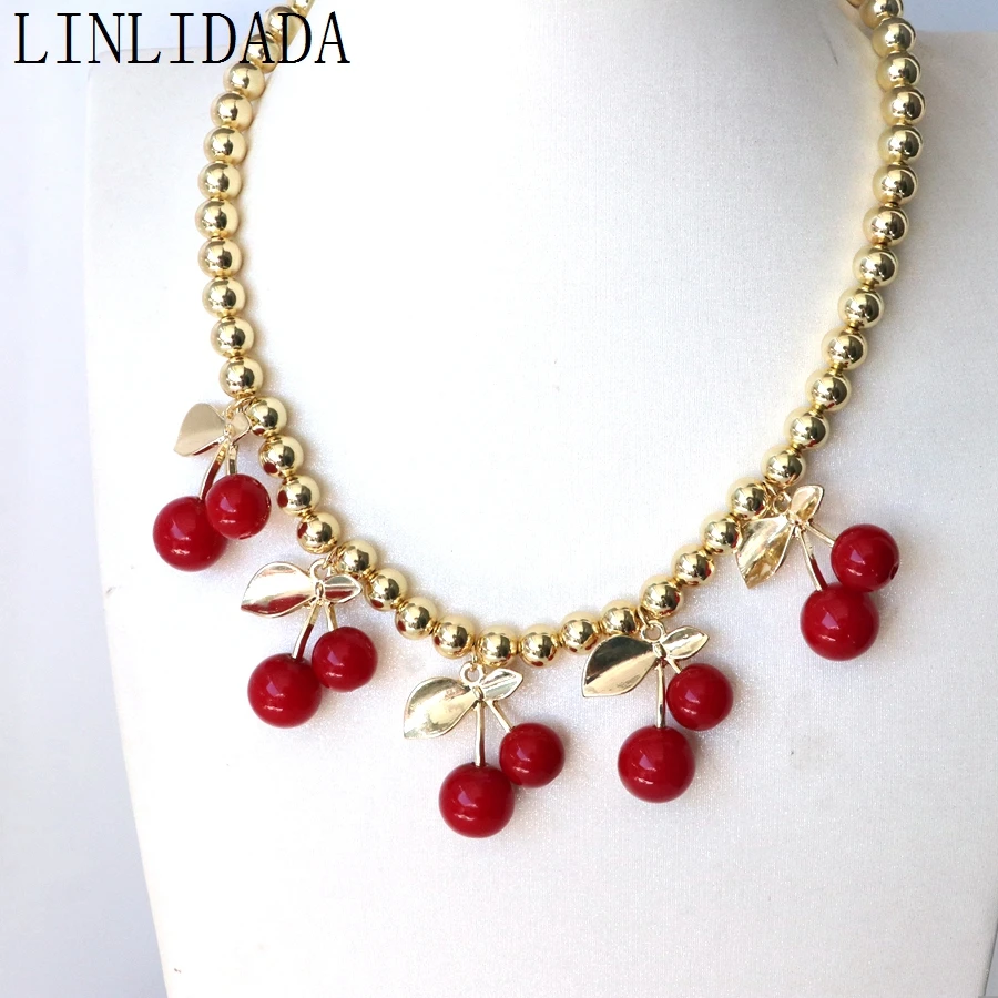 5Pcs 2024 New Fashion red Cherry Pendant Choker Necklace for Women Girls Elegant Round Beads Chain Banquet Party Jewelry