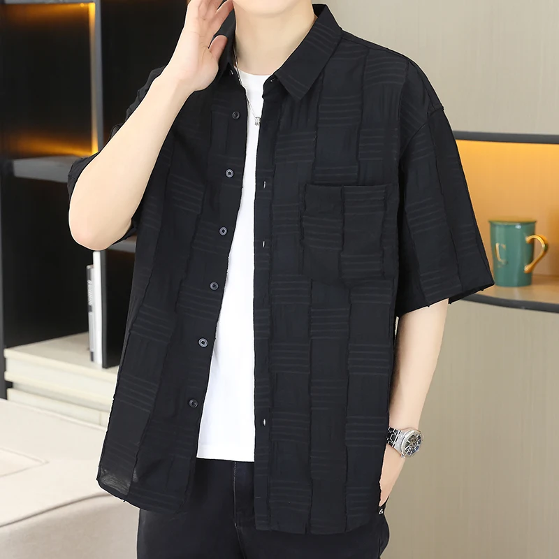 

Men's Short Sleeve Cotton Shirt Loose Fit Casual Style Five-Button Closure Breathable Summer Thin Workwear Shirt for Youth