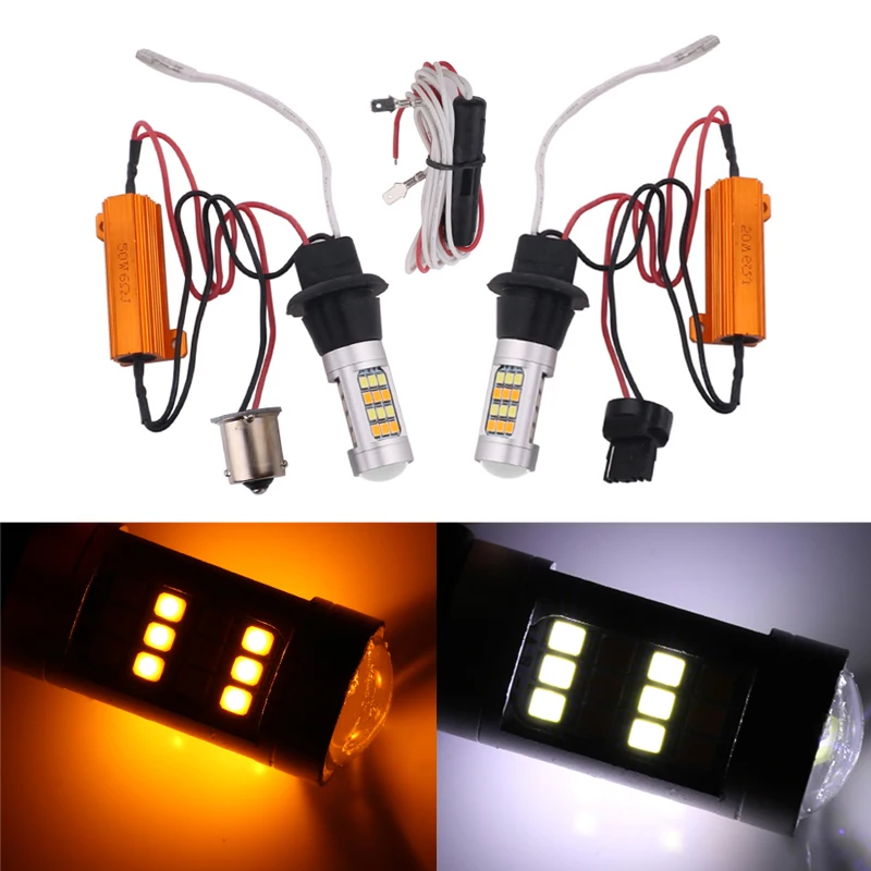 2PCS Canbus No Error 1156 BA15S P21W BAU15S PY21W 7440 W21W T20 2835 42SMD Car DRL Turn Signal Lamp 2 in 1 Dual Mode White Amber