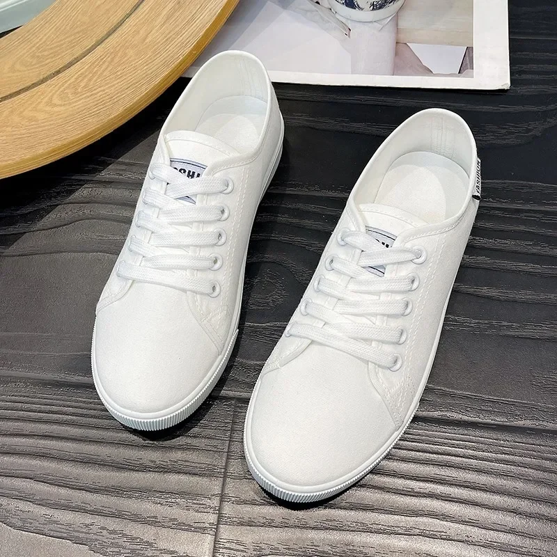 Zapatos vulcanizados de diseñador para mujer, calzado informal de lona, versátil, color blanco, a la moda, novedad de otoño, 2024