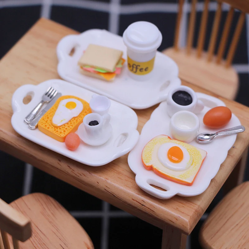 Dollhouse Burger Egg Coffee Dinner Plate Cup Spoon Set Dollhouse Miniature 1:12 Toast Bread Jam Plate Set Food for Blyth Barbies