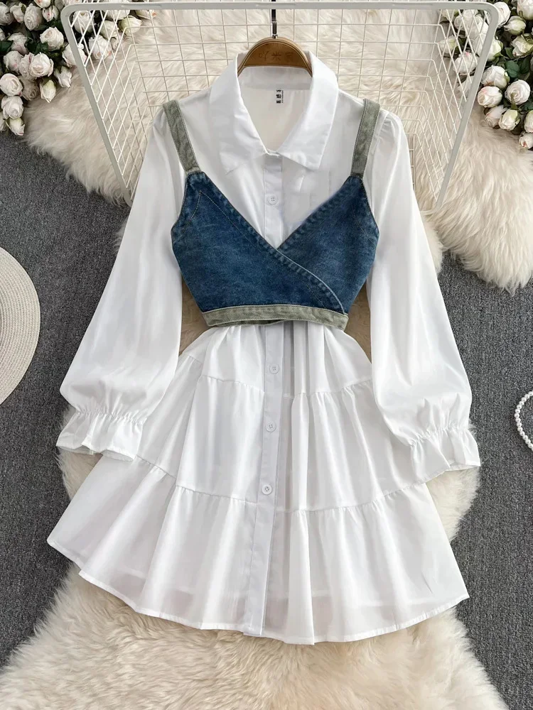 Spring Autumn Cowboy Female Elegant Length Sleeve White Shirt Dress Waistcoat Women\'s Two-Piece Set GD781