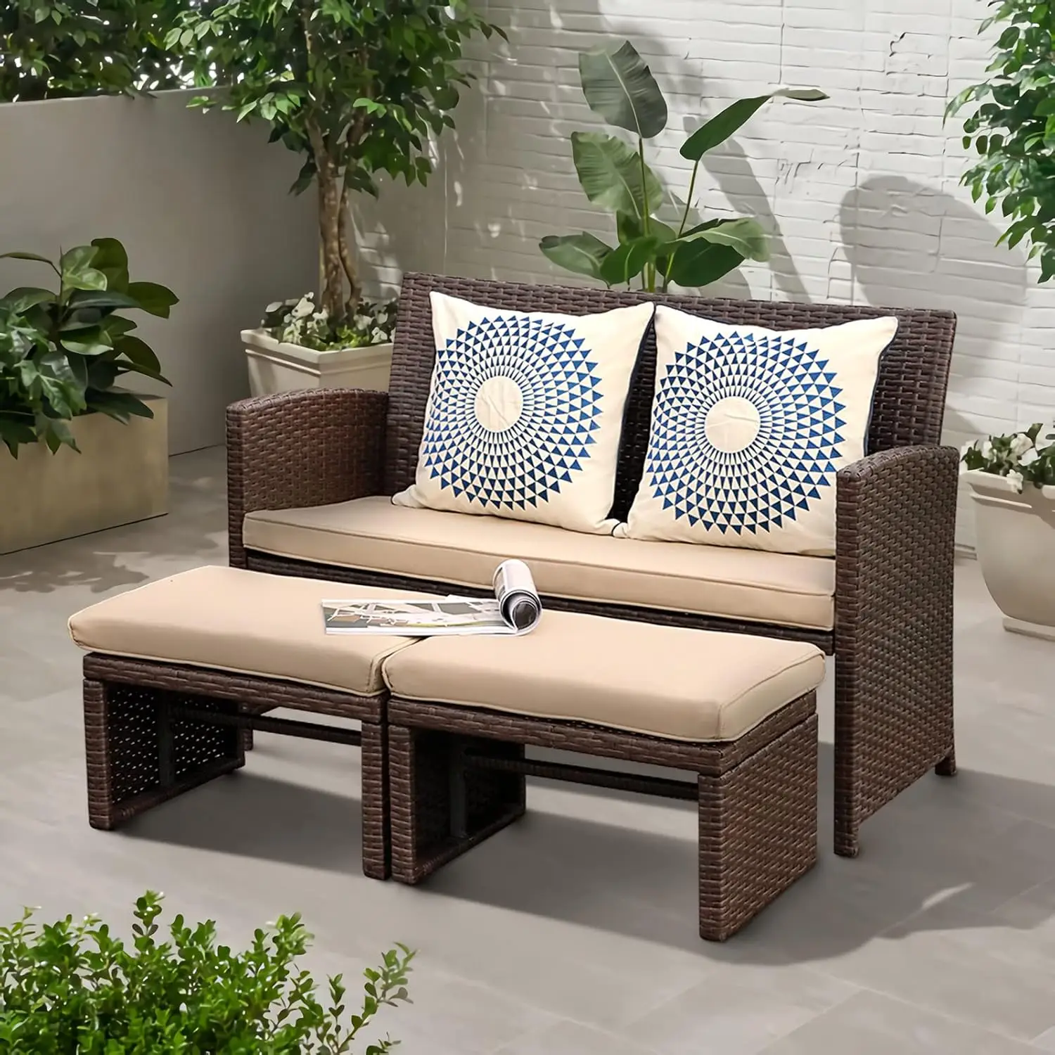 Outdoor 3-Piece Patio Set, Brown Rattan Loveseat with Ottoman & Side Table, Beige, All-Weather Wicker