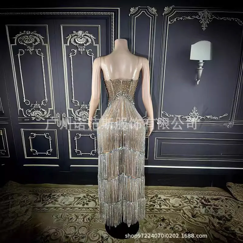 Kostuum Bloem Streep Gouden Kwastje Mouwloze Lange Panty Jurk - Sexy Voor Catwalk Gastheer Zanger & Model Body Transparente Flecos