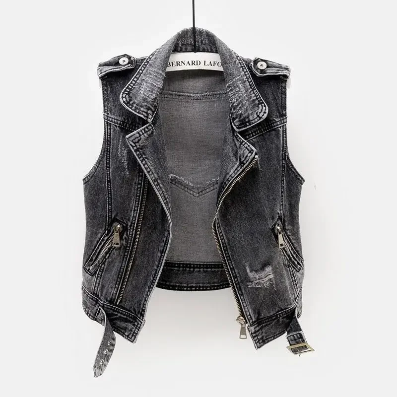 Spring Autumn Sleeveless Wild Tops Short Jacket Girls Ripped  Vest Gray Jean Cowboy Waistcoat Hole Denim Women Vest Female