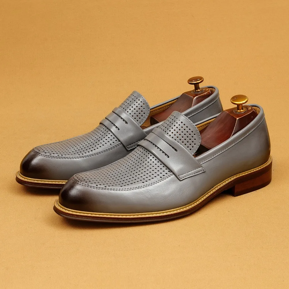 Summer Summer Hollow Breathable Leather Shoes Slip On Flats Male Footwear Plus Size 37-46