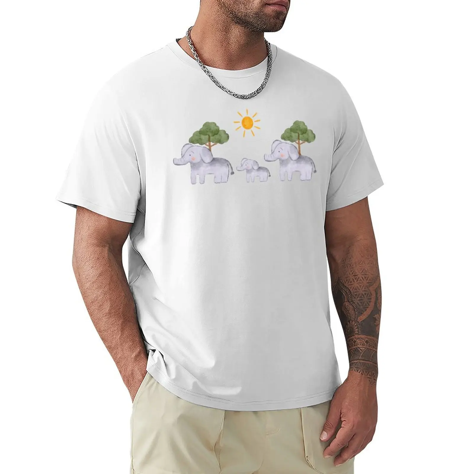 Cute Watercolour Baby Elephant Safari Animals Chain - Neutral Nursery, Children T-shirt Blouse plain white t shirts men