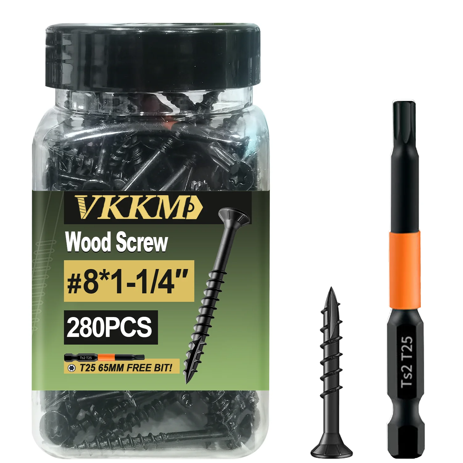 

VKKM Black Self-Tapping Wood Screws #8×1-1/4, 280/450 Pieces, T25 Star Drive, Outdoor Deck Screws, with Epoxy Coating