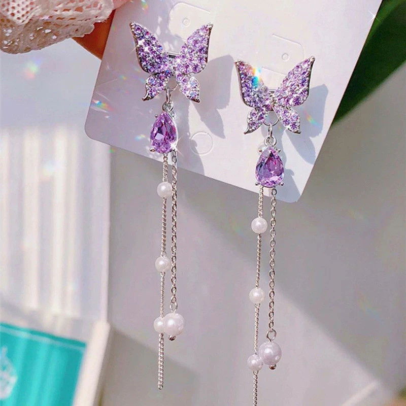 Purple Rhinestones Butterfly Drop Earrings for Women Imitation Pearl Tassel Chain Long Dangle Earrings Trendy Statement Jewelry