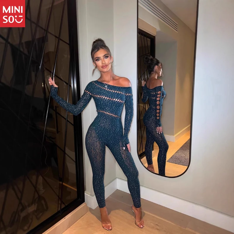 Miniso مثير ارتداءها طويلة الأكمام، تألق شبكة حجر الراين الملابس الداخلية، وصول جديد