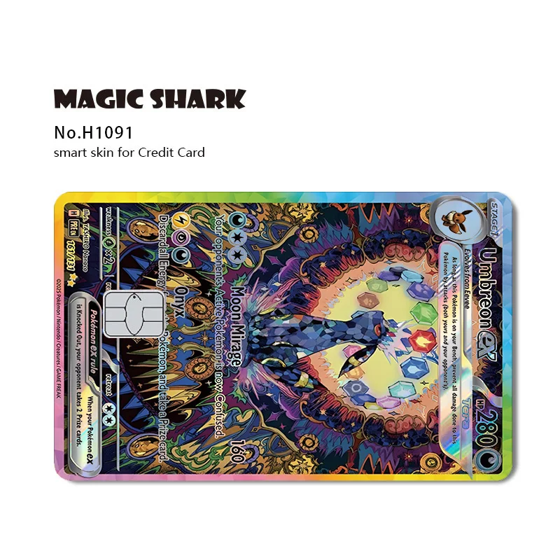 Magic Shark Mew Charizard EX Eevee Gengar Pikachu TCG Karte Holographischer Laser-Skin-Film Aufkleber für Bank- und Kreditkarten