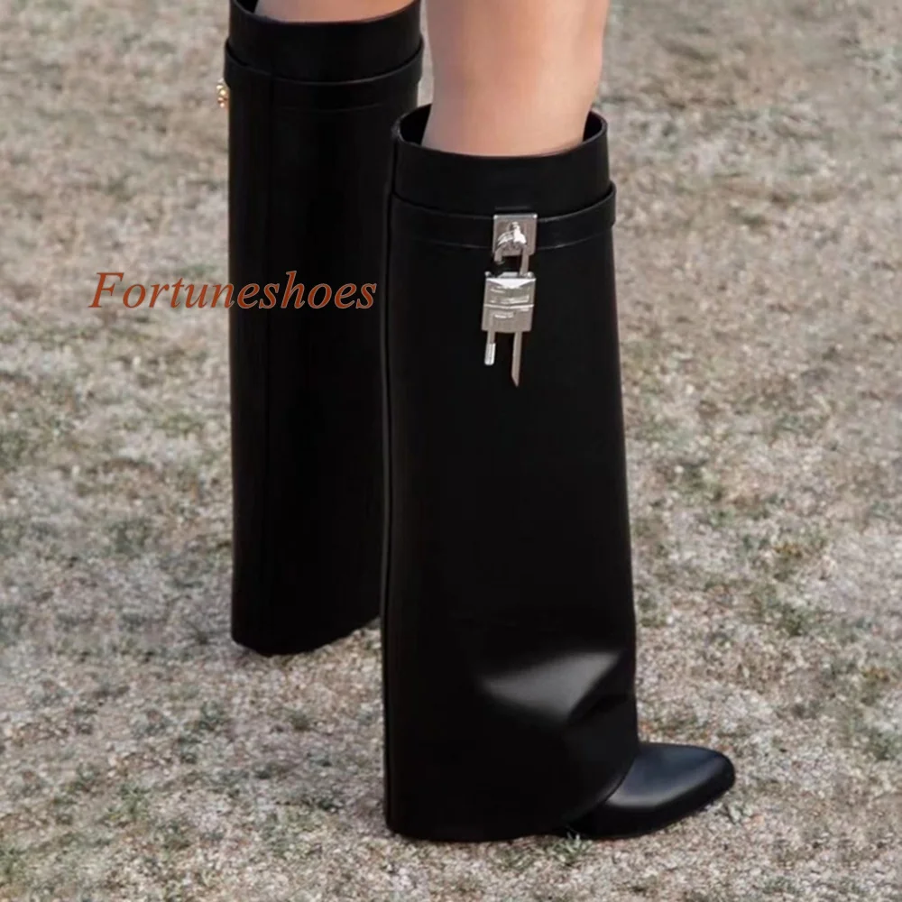 

Wedges Heel Knee High Boots Slip On Pointed Toe Solid Black Women Boots Lock Fashion Runway 2024 New Arrivals Patchwork Boots