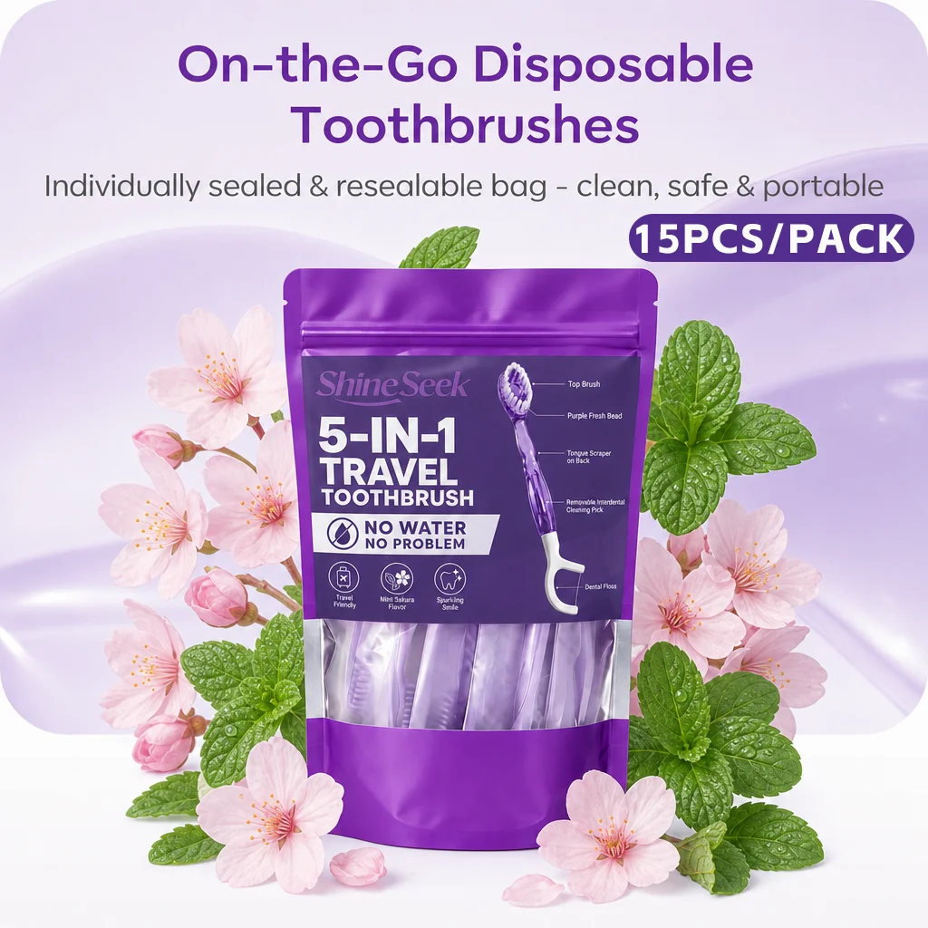 Newly Upgraded Purple 15-Piece Portable Set, 5-in-1 Multifunctional Toothbrush Care Set with Mint Cherry Blossom Flavor, Includes Purple Freshener Beads + Toothbrush + Dental Floss + Interdental Cleaning Stick + Tongue Scraper, Convenient and Soft, Soft-Bristle Design, Teeth and Gum Care |   Travel Essentials |   Individually Packaged |   Soft |   Sakura Mint Flavor |   Travel Toothbrushes Are the Best Choice for Smart Families!