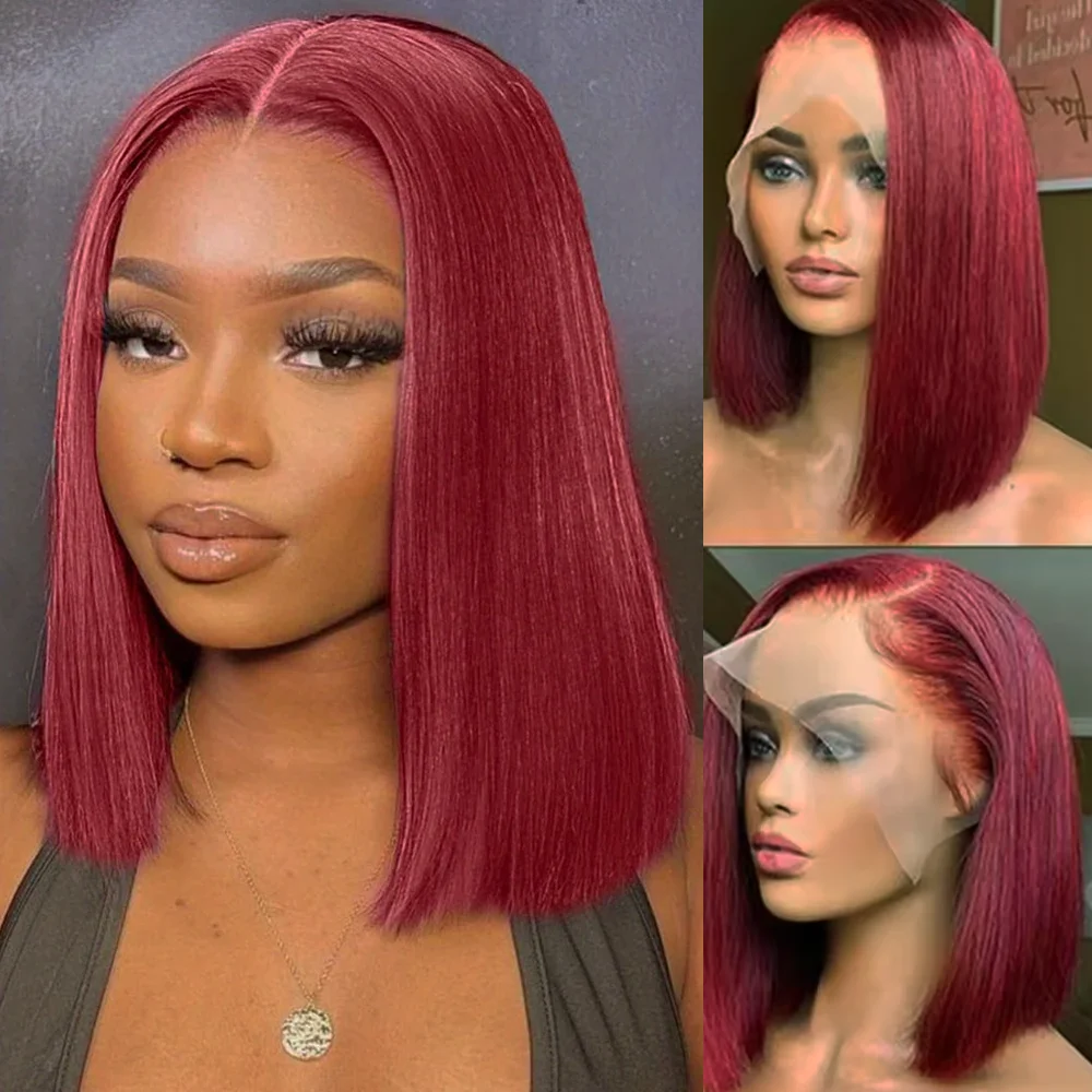 Burgunderrote Bob-Kurzperücke aus Echthaar, 13x4 HD-Lace, Glatt, 99J Echthaarperücken, Rote Perücke, Frontal-Echthaarperücke, Gefärbtes Echthaar