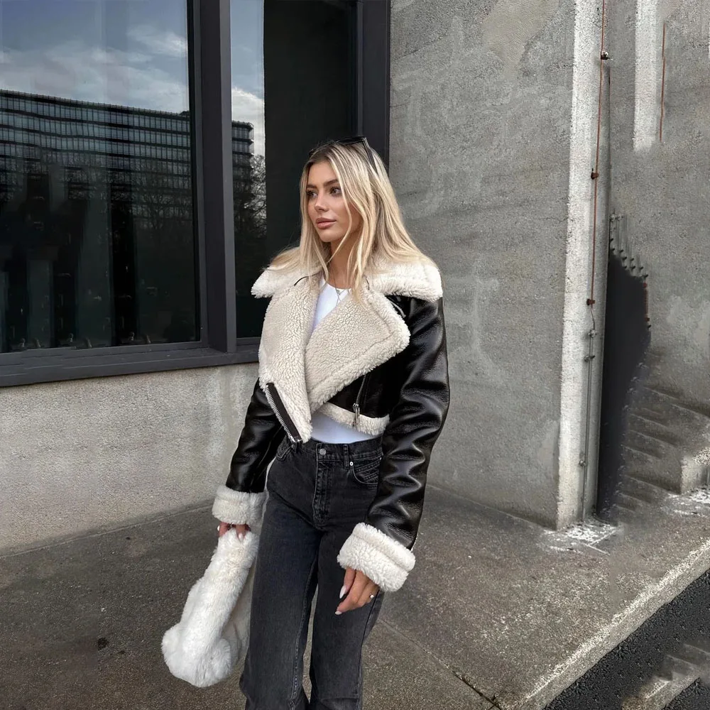 Autumn/winter New Style European American Double-sided Loose Fit Zippered Cropped Jacket Women's Leather One-piece Jacket