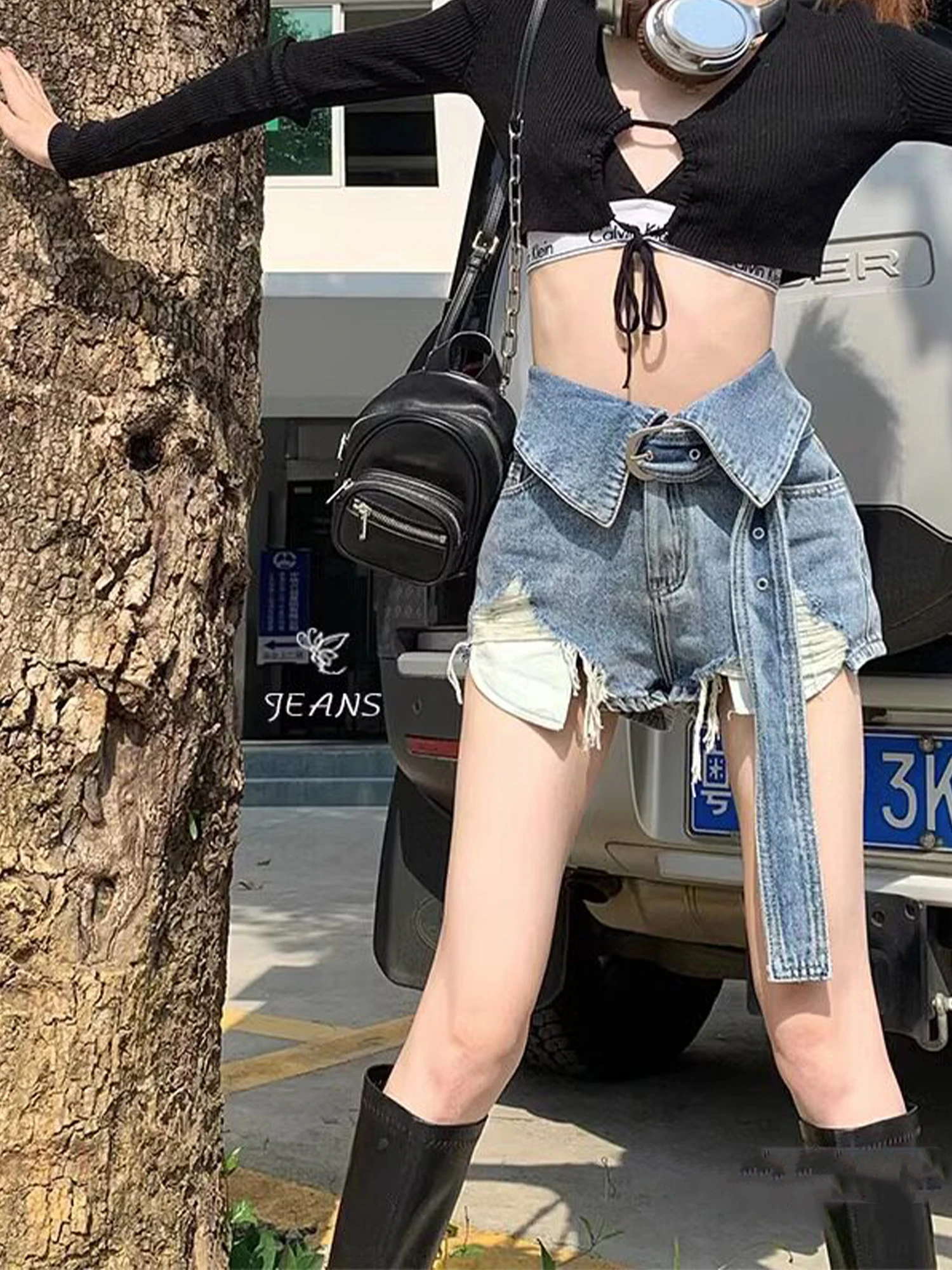 Women Blue Mini Ripped Denim Shorts Vintage 2000s Y2k Gyaru Micro Jeans Shorts High Waist Hot Cowboy Pants Shorts Clothes Summe