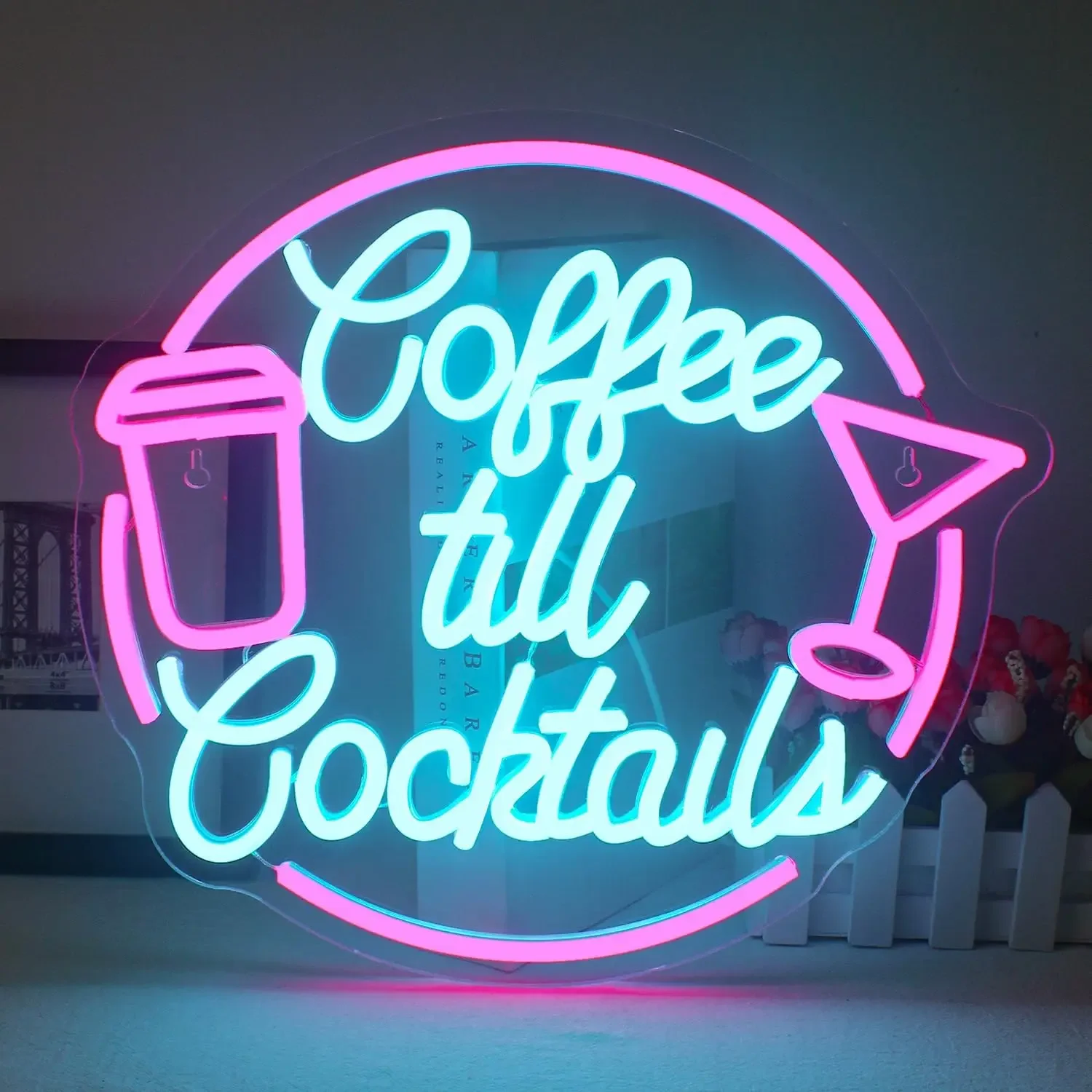 

Неоновая вывеска «Coffee Till Cocktails»: светодиодный настенный светильник с USB-питанием, регулируемой яркостью, сине-розовым свечением для дома, бара, кафе, ресторана, кофейни, декора, подарка