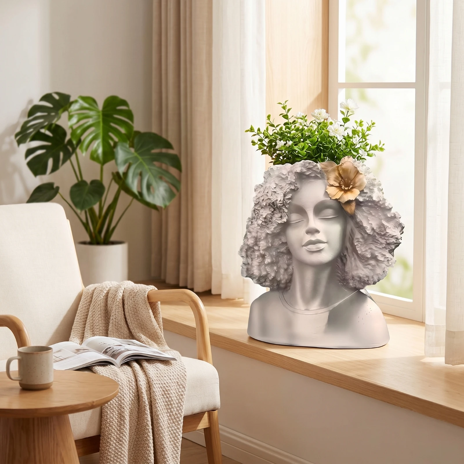 Resin Bust Planter Textured Planter with Flower Embellishment Head Flower Pot Sculptural Sculpture Vase Artistic