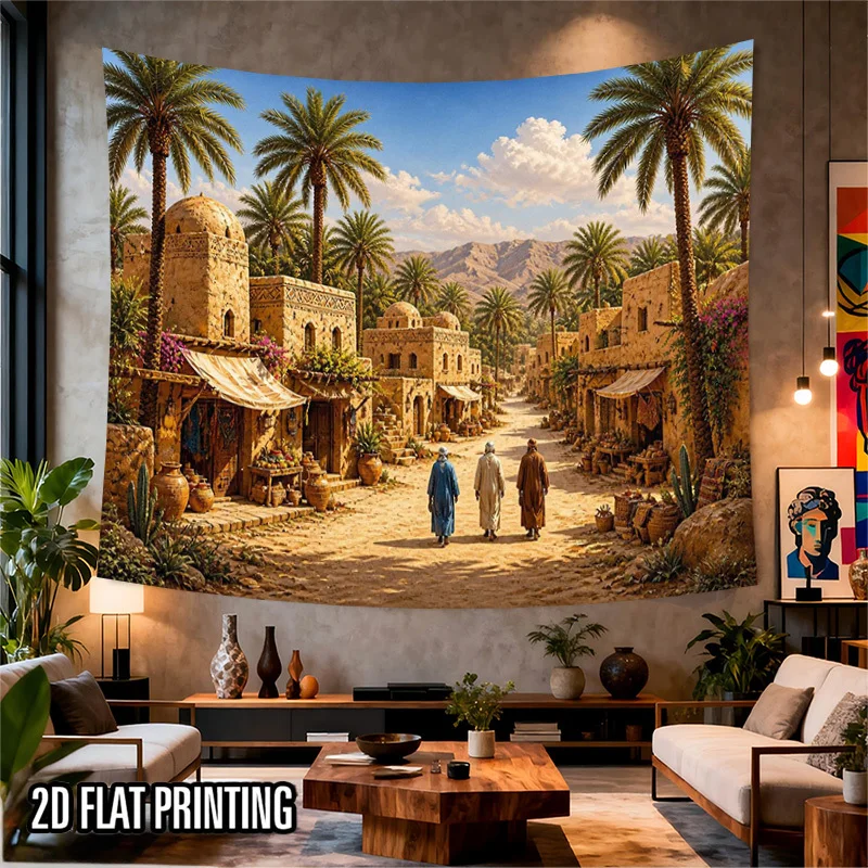 Moroccan Village Tapestry, Desert Oasis Palm Tree Wall Hanging, Middle East Street Art Decor, Boho Living Room Background