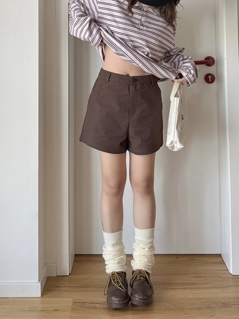 

Коричневые хлопковые короткие брюки, женские брюки с широкими штанинами и высокой талией, летние винтажные свободные шорты в американском стиле, универсальные повседневные шорты